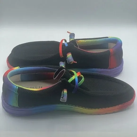 New Hey Dude Pride Rainbow Colorful Black Wally Stretch Deck Shoes Mens Size 11 - Picture 7 of 9